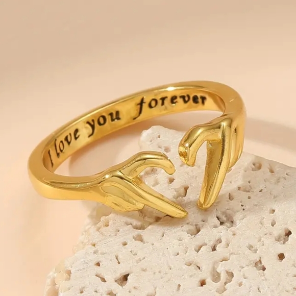 Gold Double Hands Heart Ring Love Hands Open Adjustable Ring - Picture 4 of 4